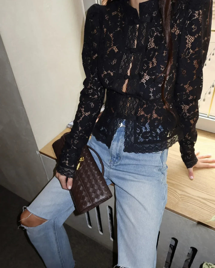 Raya | Refined Lace Puff Sleeve Party Top with Stand Collar