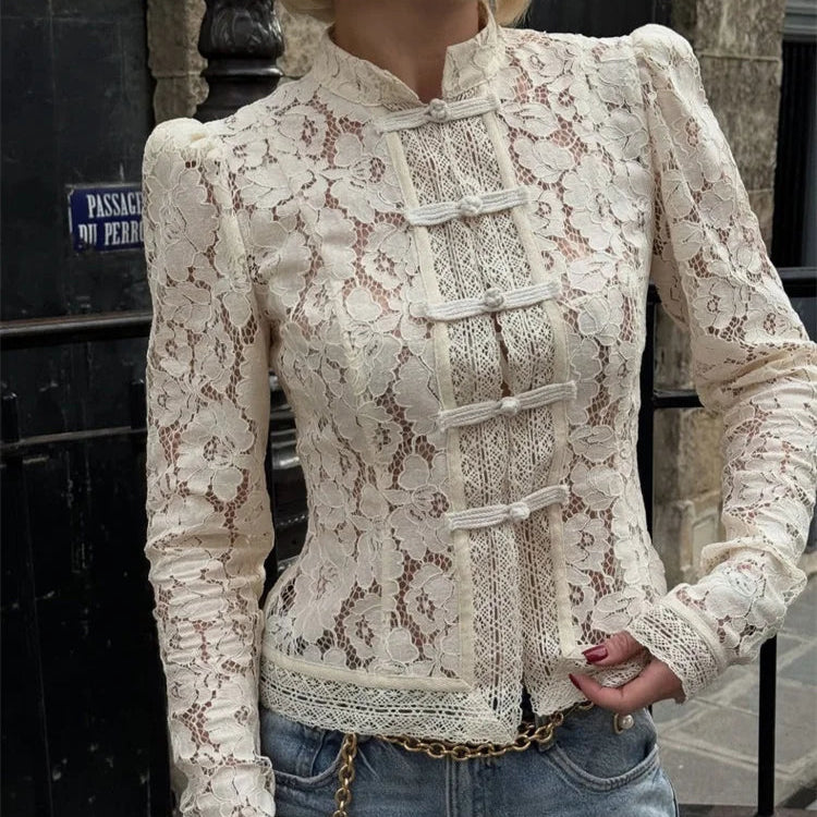 Raya | Refined Lace Puff Sleeve Party Top with Stand Collar