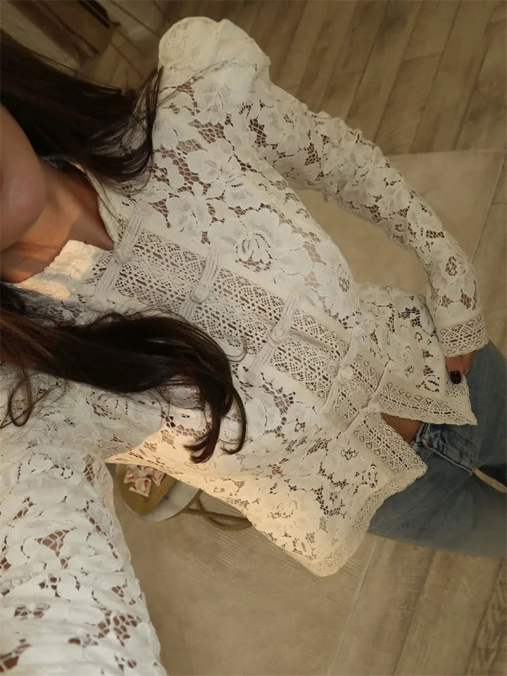 Raya | Refined Lace Puff Sleeve Party Top with Stand Collar