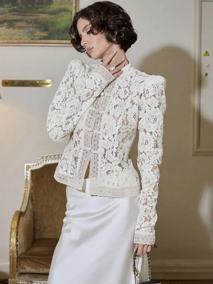 Raya | Refined Lace Puff Sleeve Party Top with Stand Collar