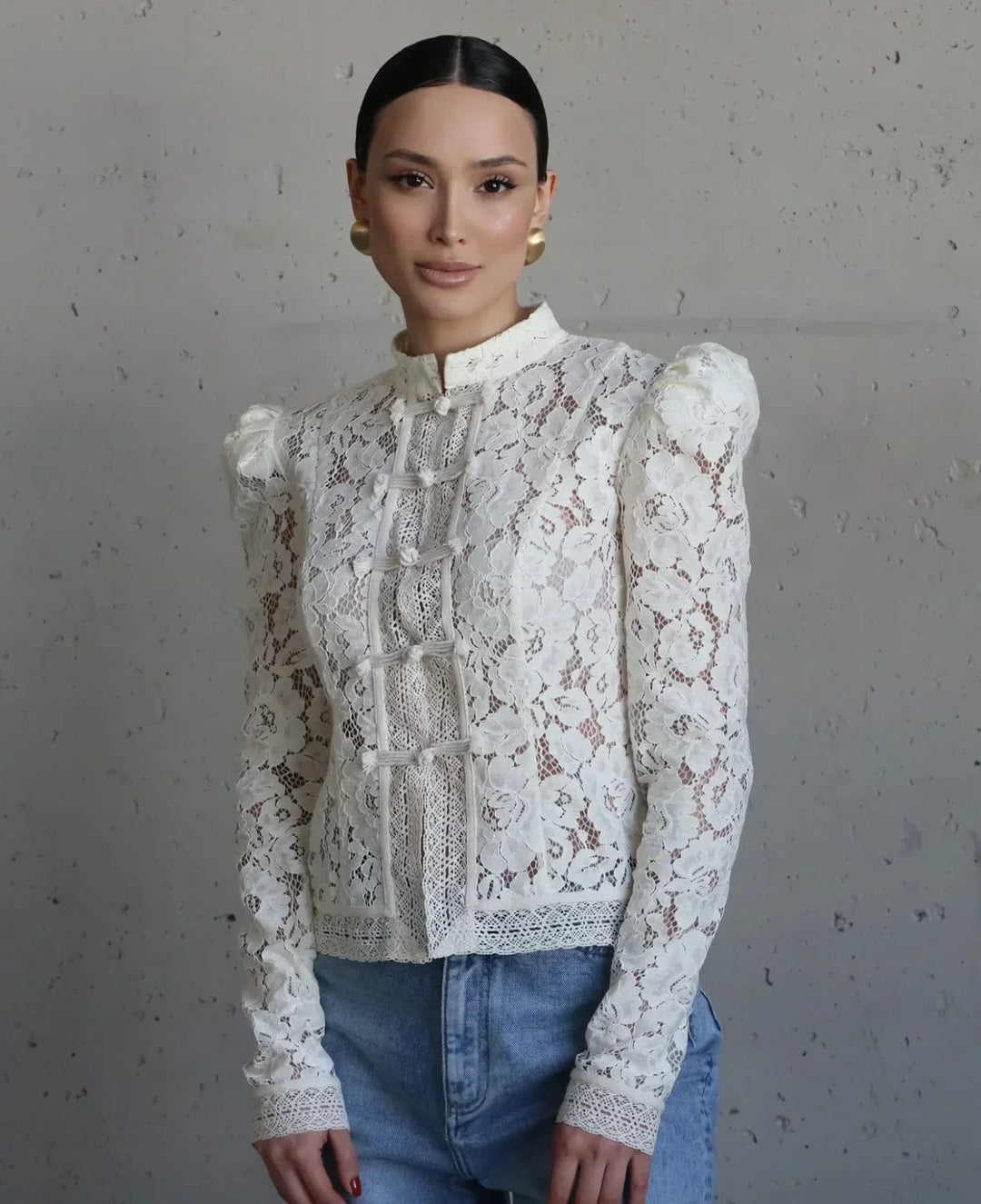 Raya | Refined Lace Puff Sleeve Party Top with Stand Collar