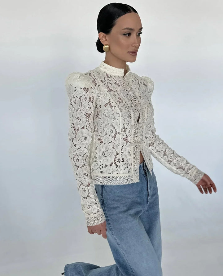 Raya | Refined Lace Puff Sleeve Party Top with Stand Collar