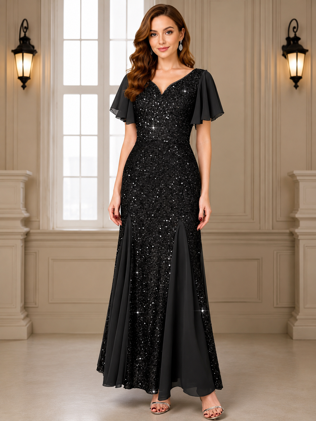 Robyn | Chic Sequin Flutter Sleeve Christmas Party Dress