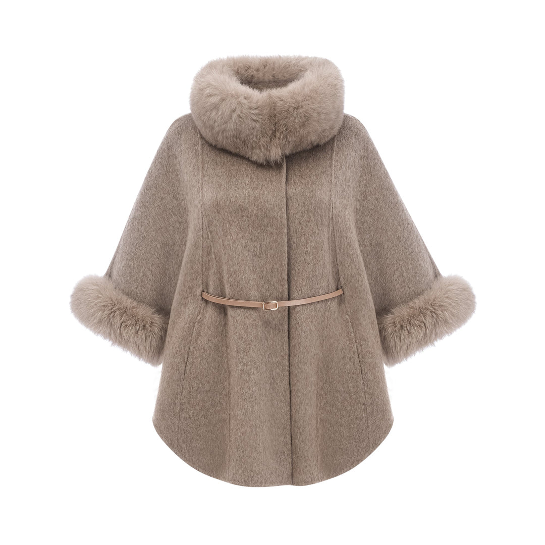 Rosa | Polished Faux Fur Collar Cape Coat with Belt