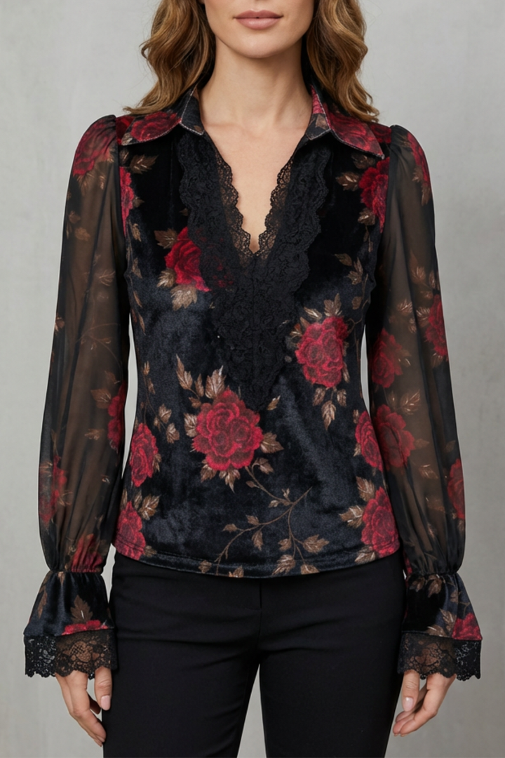 Rose | Chic Floral Lace-Trim Sheer Sleeve Party Top