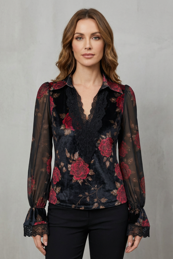 Rose | Chic Floral Lace-Trim Sheer Sleeve Party Top