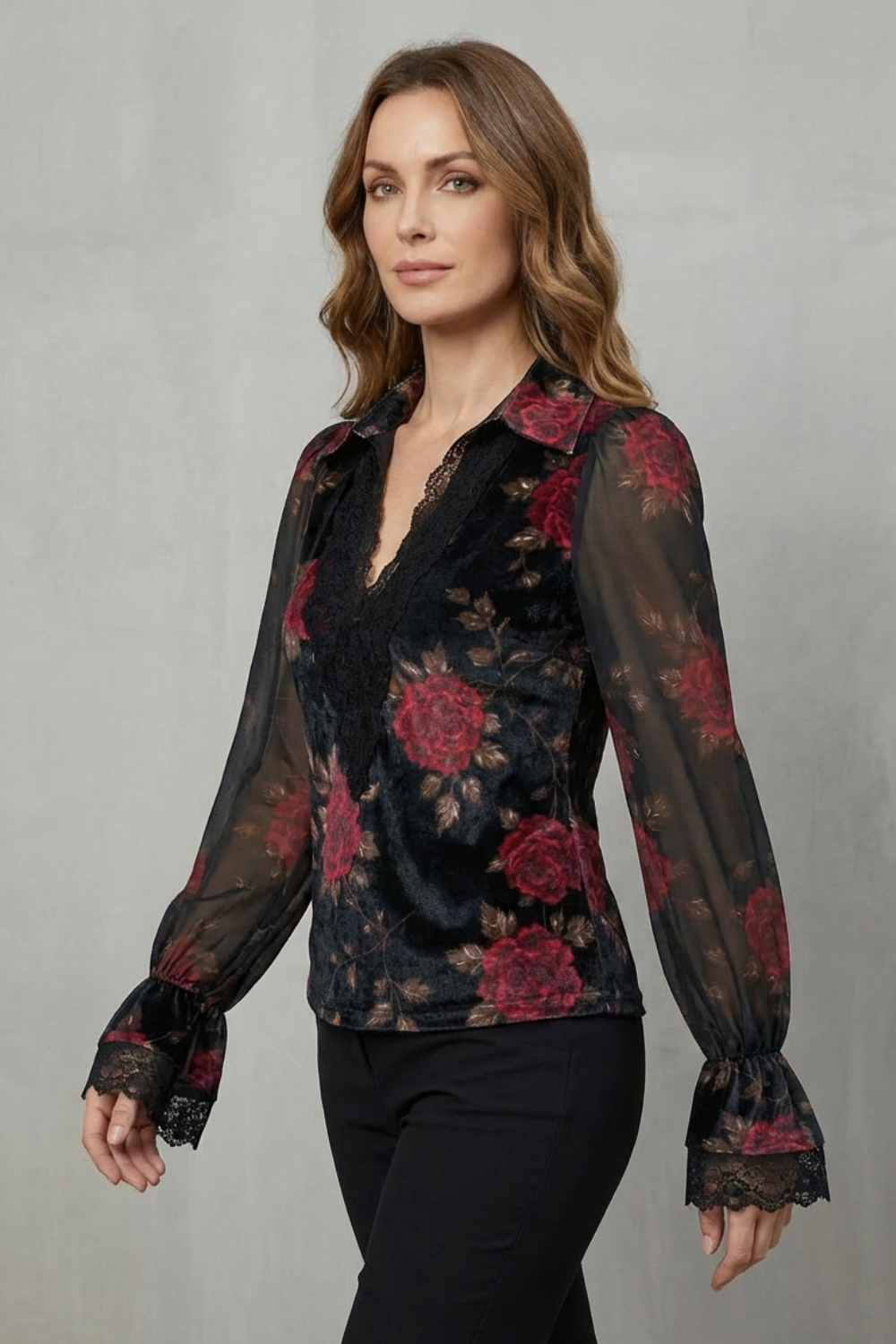 Rose | Chic Floral Lace-Trim Sheer Sleeve Party Top