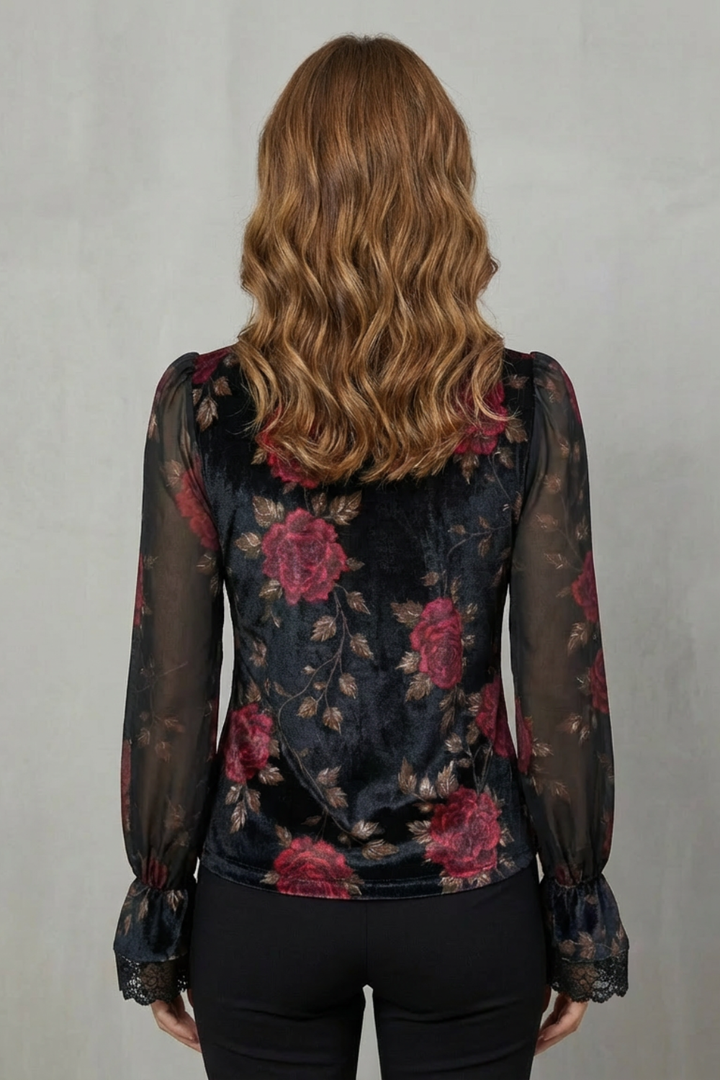 Rose | Chic Floral Lace-Trim Sheer Sleeve Party Top