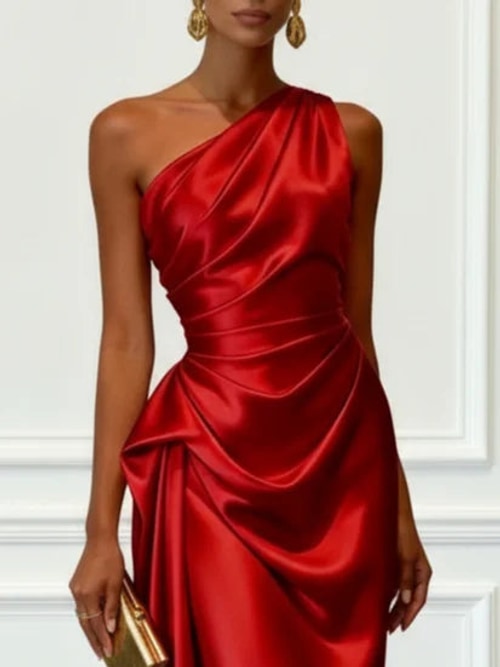 Ruby | Polished One-Shoulder Ruched Christmas Party Midi Dress