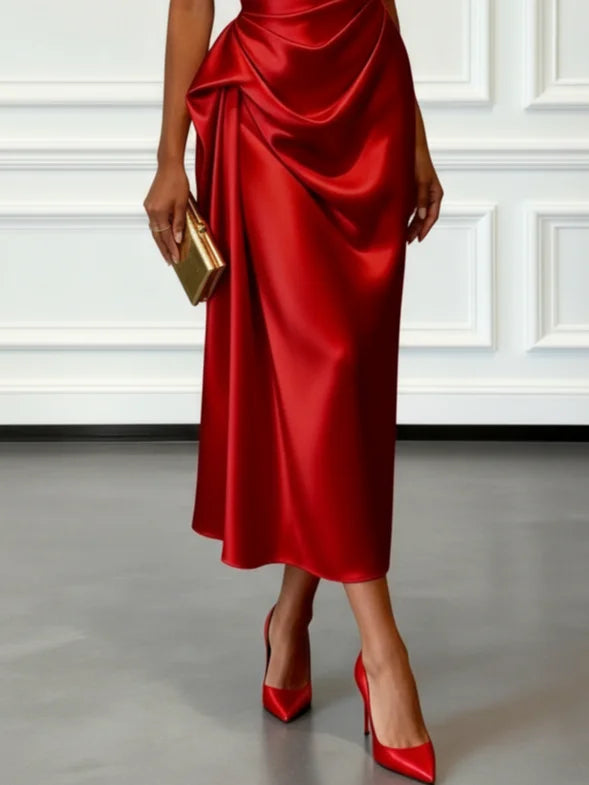 Ruby | Polished One-Shoulder Ruched Christmas Party Midi Dress