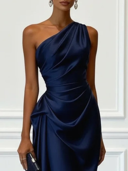 Ruby | Polished One-Shoulder Ruched Christmas Party Midi Dress