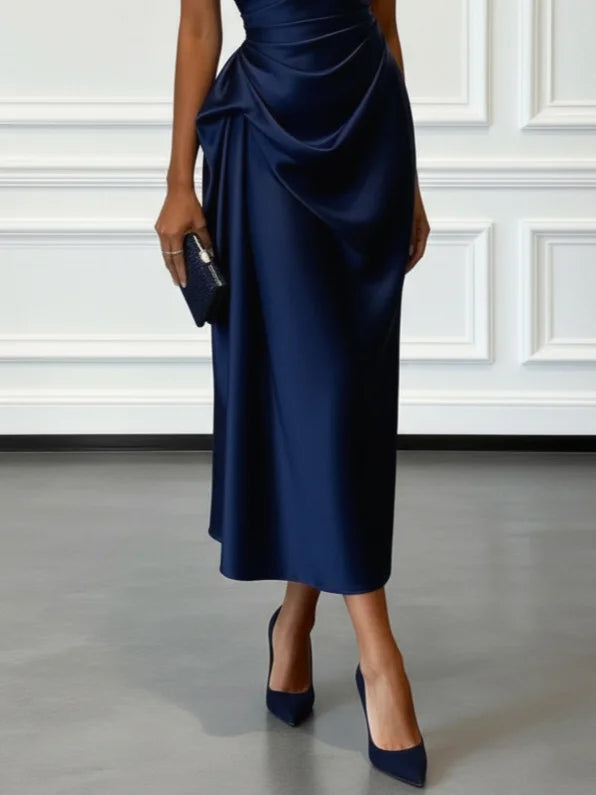 Ruby | Polished One-Shoulder Ruched Christmas Party Midi Dress