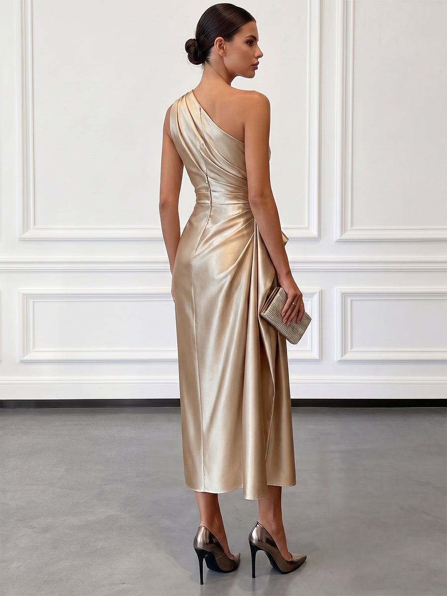 Ruby | Polished One-Shoulder Ruched Christmas Party Midi Dress