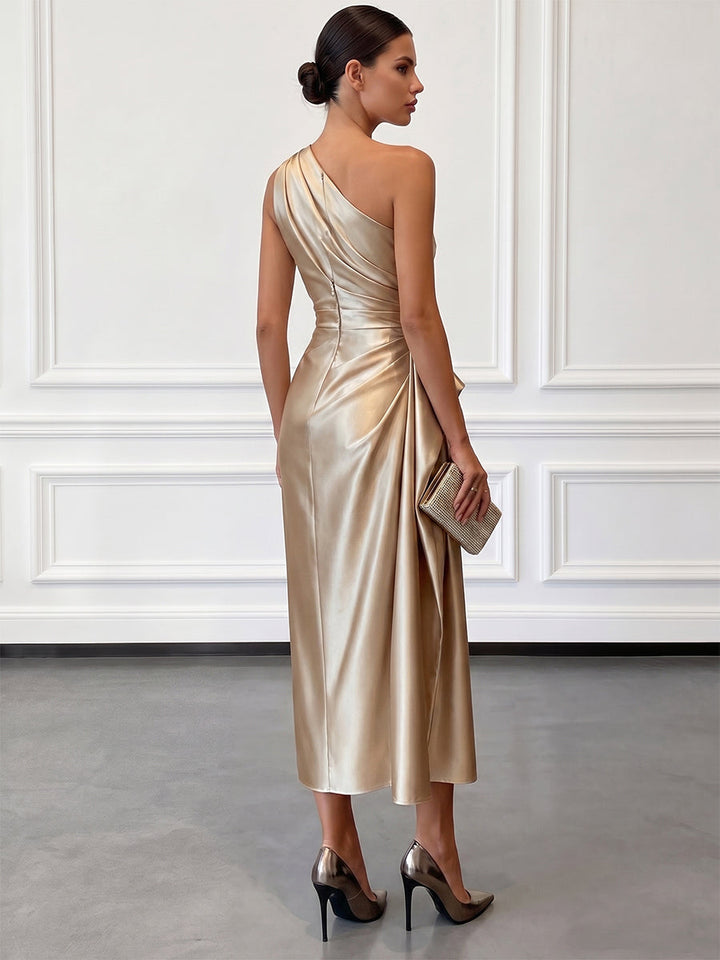 Ruby | Polished One-Shoulder Ruched Christmas Party Midi Dress