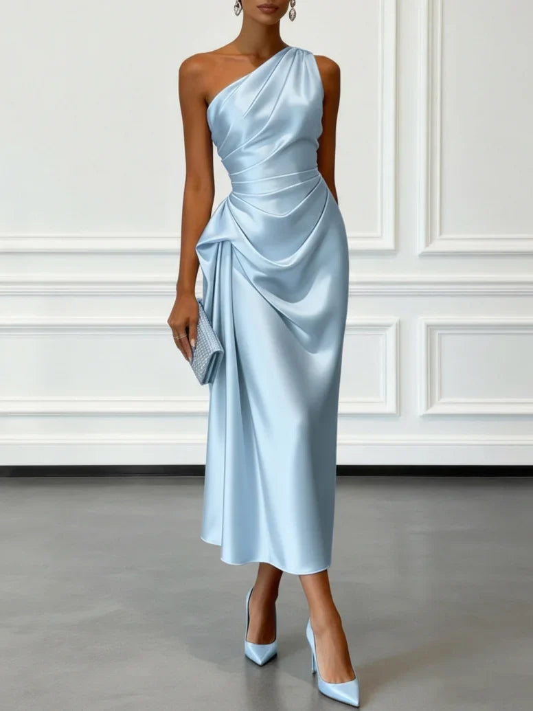 Ruby | Polished One-Shoulder Ruched Christmas Party Midi Dress