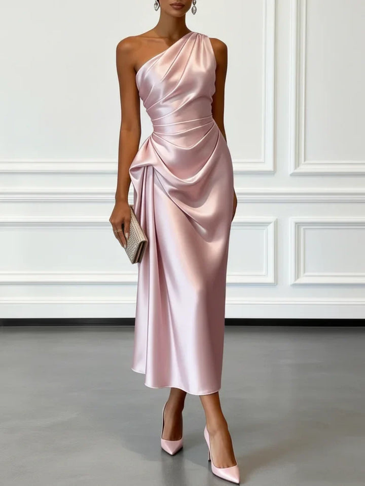 Ruby | Polished One-Shoulder Ruched Christmas Party Midi Dress