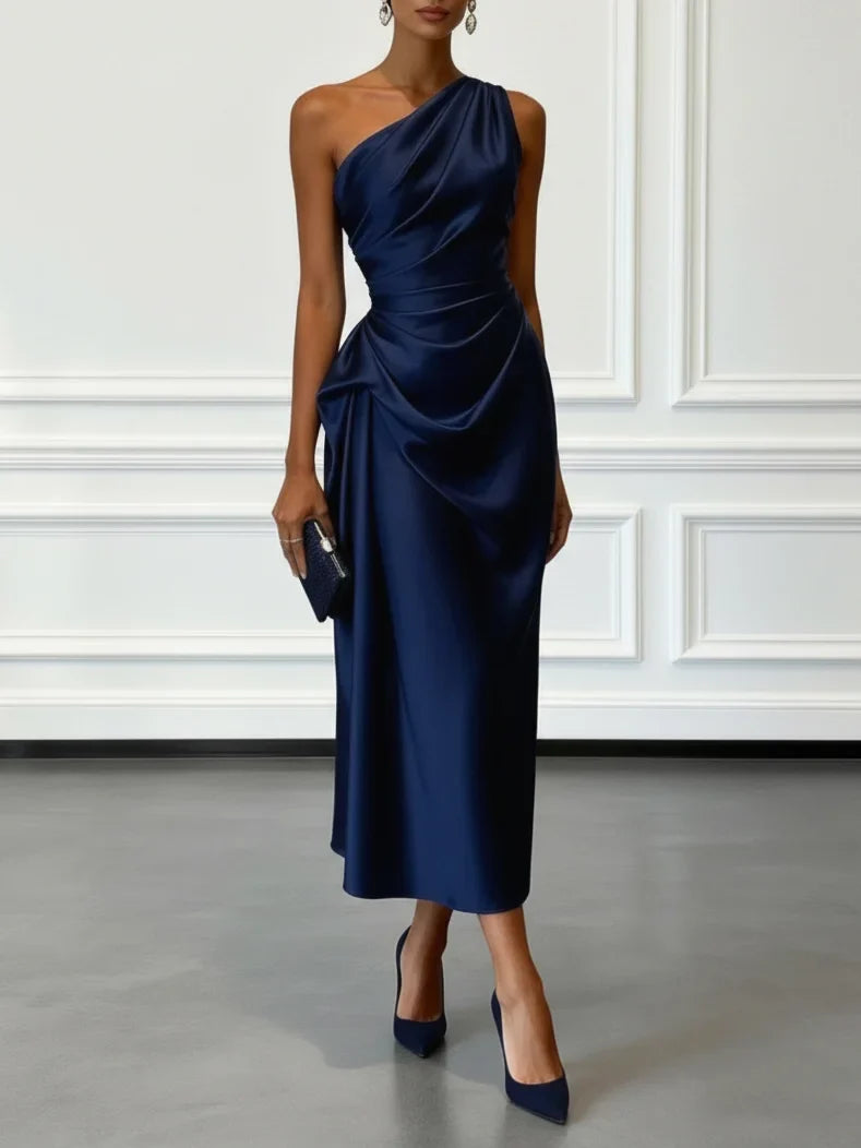 Ruby | Polished One-Shoulder Ruched Christmas Party Midi Dress