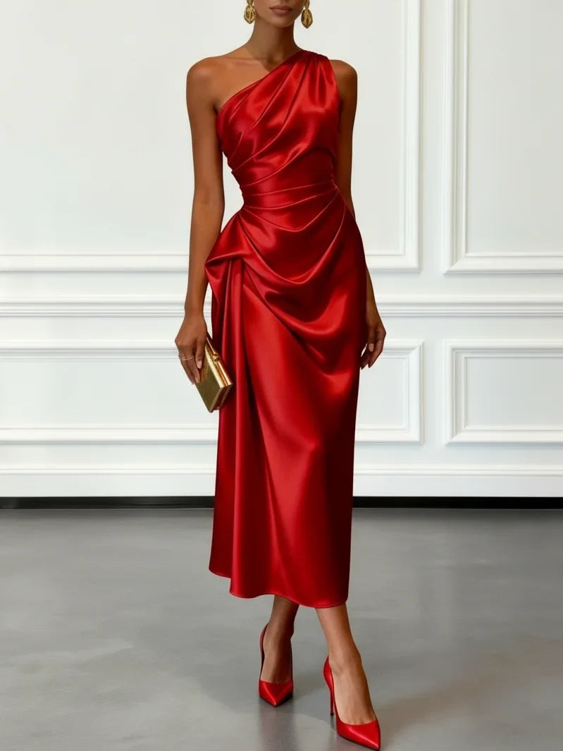 Ruby | Polished One-Shoulder Ruched Christmas Party Midi Dress