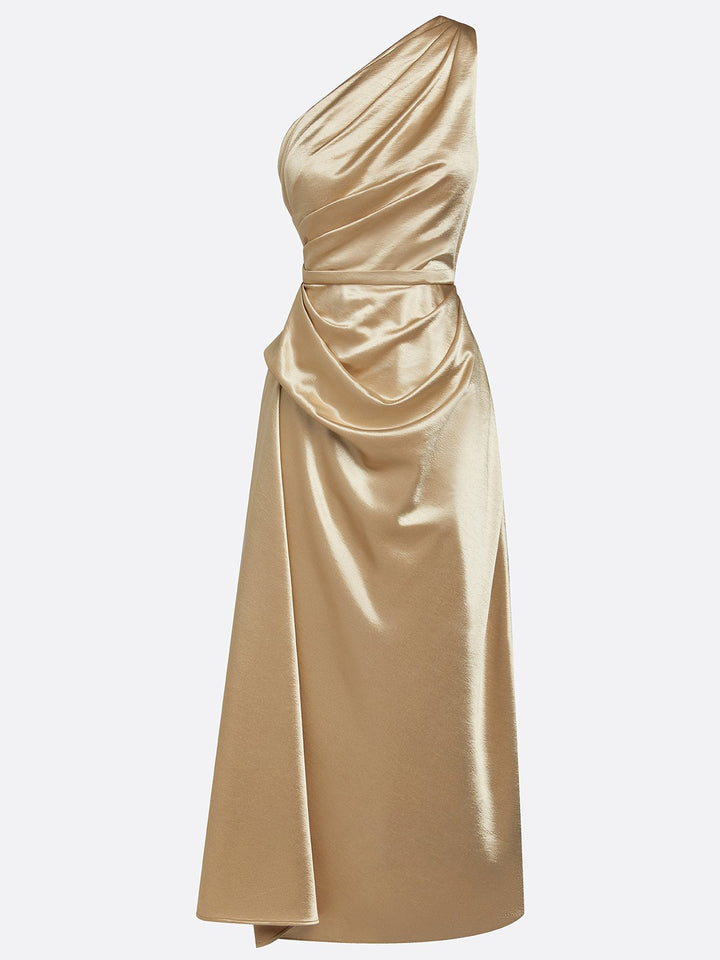 Ruby | Polished One-Shoulder Ruched Christmas Party Midi Dress