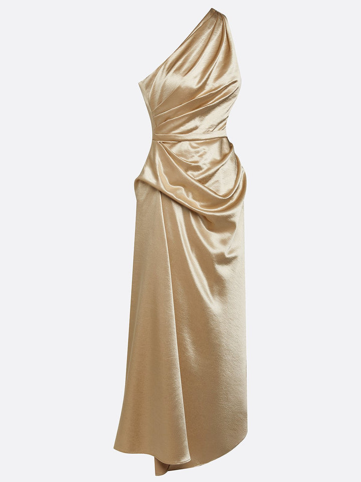 Ruby | Polished One-Shoulder Ruched Christmas Party Midi Dress