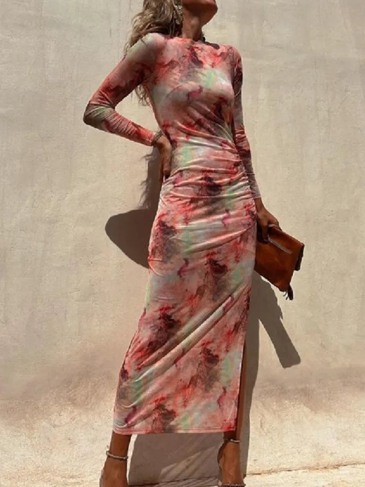 Sienna | Stylish Ruched Mesh Print Christmas Party Dress