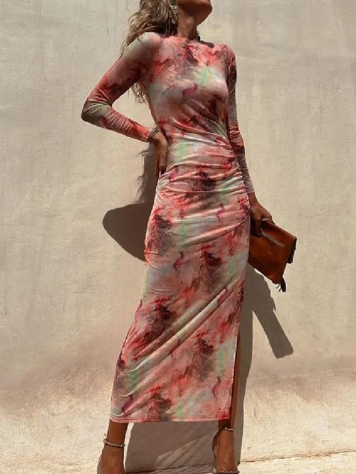 Sienna | Stylish Ruched Mesh Print Christmas Party Dress