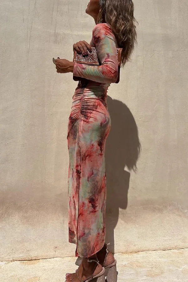 Sienna | Stylish Ruched Mesh Print Christmas Party Dress