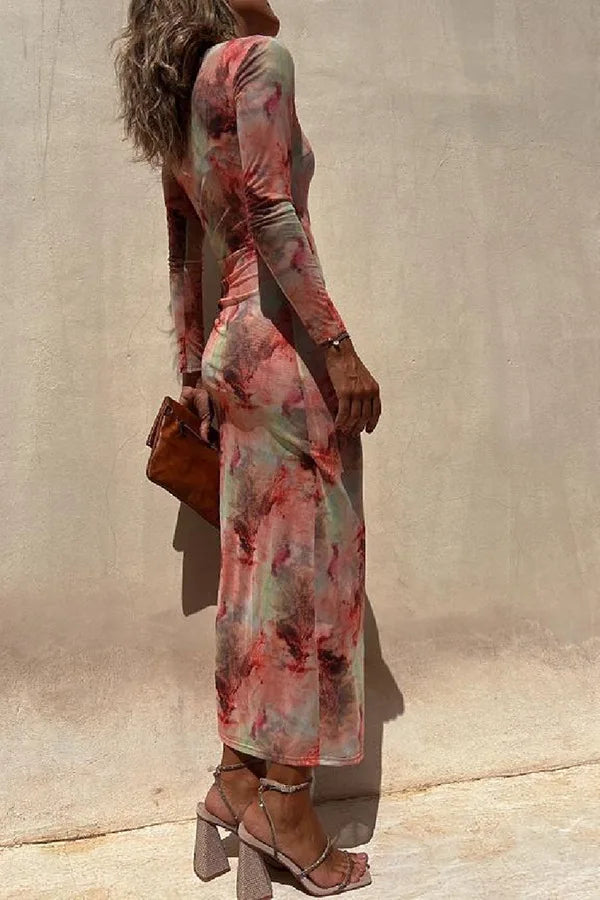 Sienna | Stylish Ruched Mesh Print Christmas Party Dress