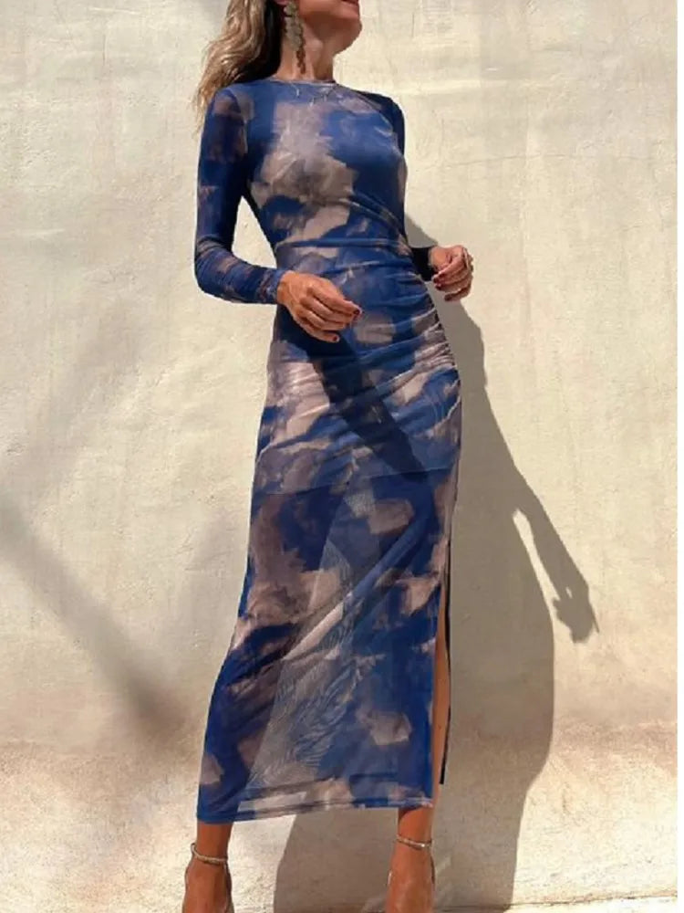 Sienna | Stylish Ruched Mesh Print Christmas Party Dress