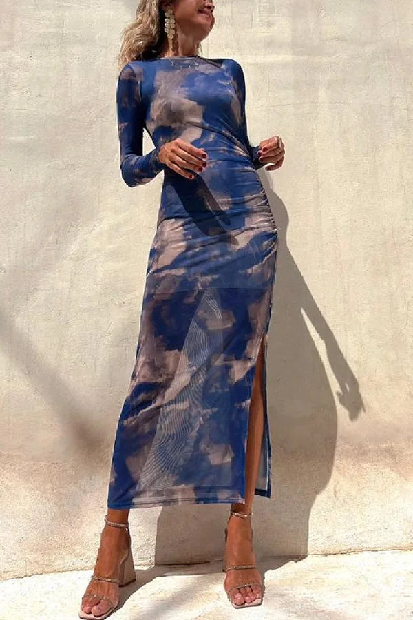 Sienna | Stylish Ruched Mesh Print Christmas Party Dress