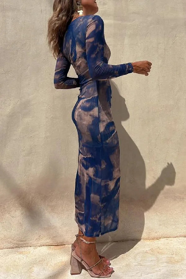 Sienna | Stylish Ruched Mesh Print Christmas Party Dress