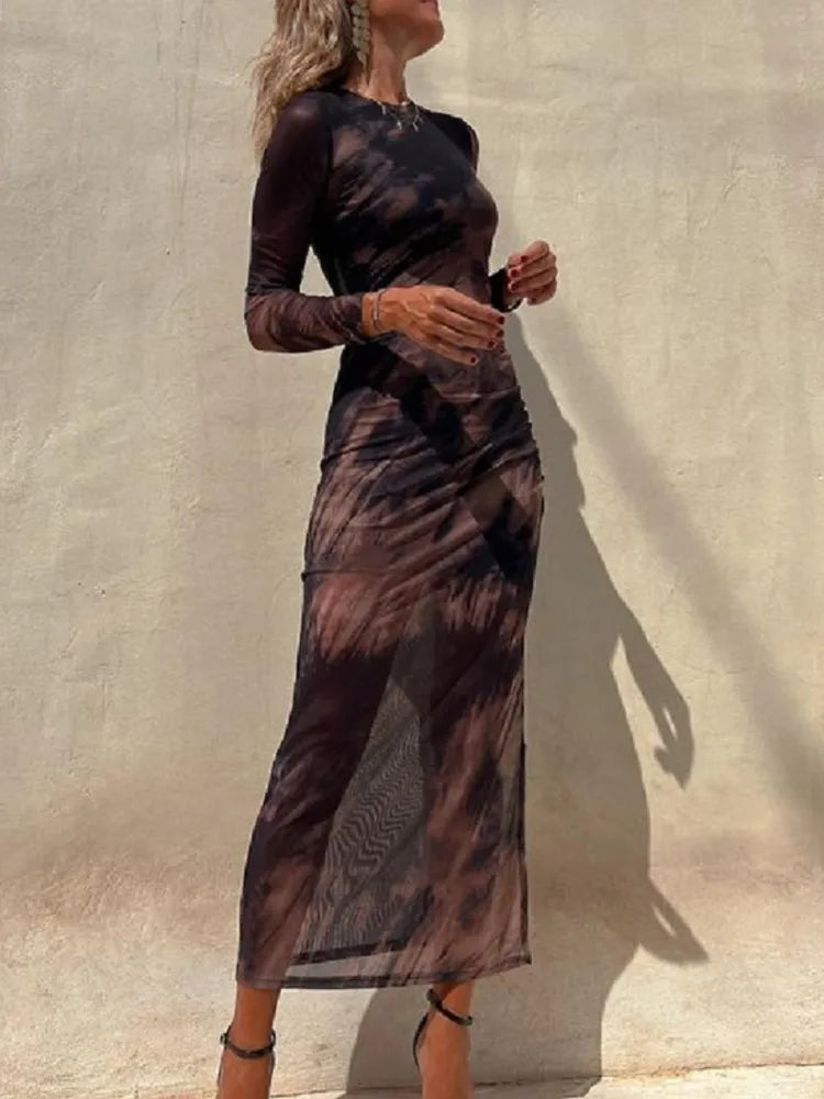 Sienna | Stylish Ruched Mesh Print Christmas Party Dress