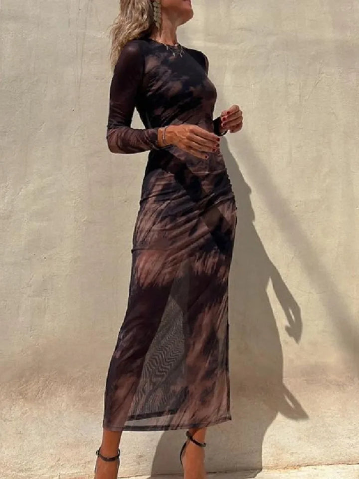 Sienna | Stylish Ruched Mesh Print Christmas Party Dress