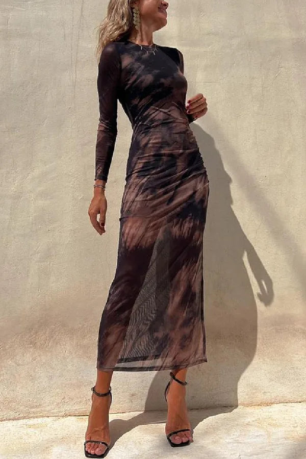 Sienna | Stylish Ruched Mesh Print Christmas Party Dress