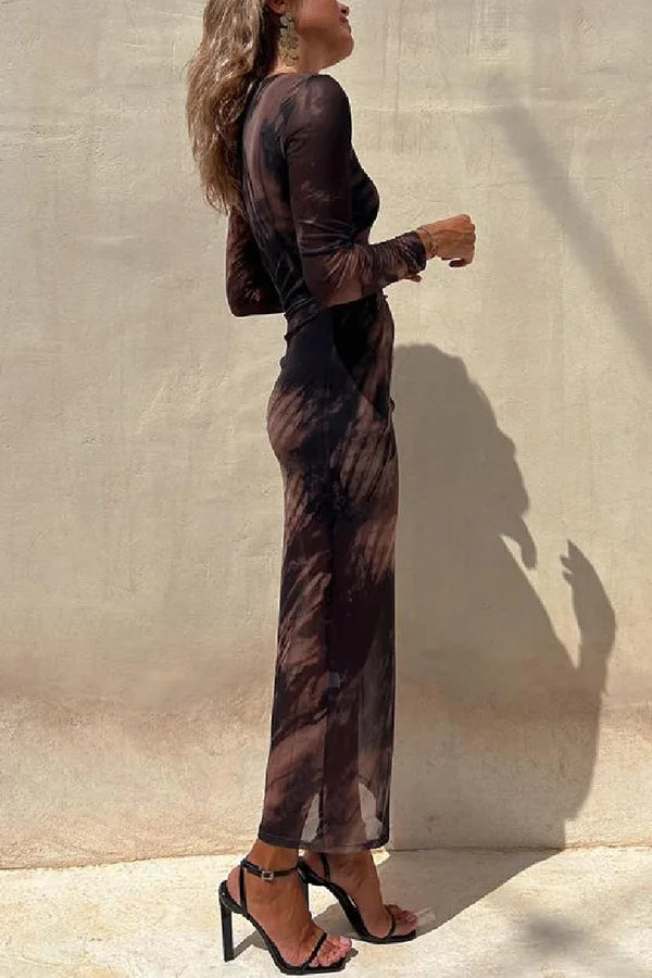 Sienna | Stylish Ruched Mesh Print Christmas Party Dress