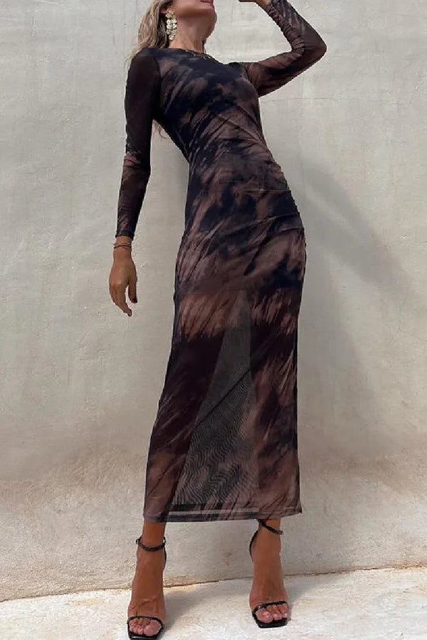 Sienna | Stylish Ruched Mesh Print Christmas Party Dress