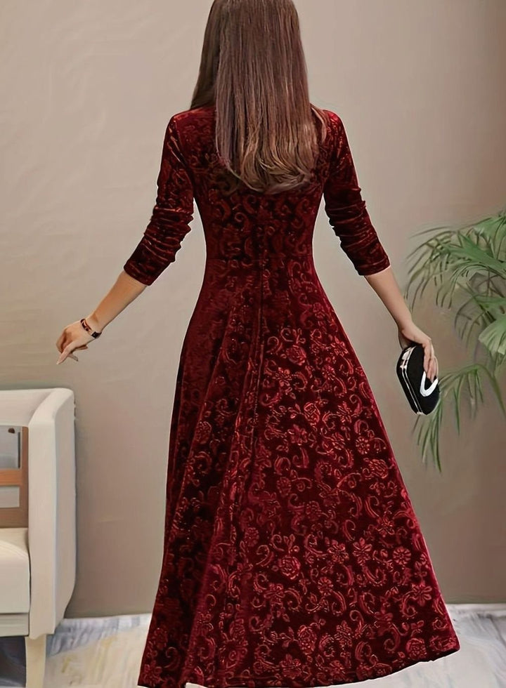 Sienna | Timeless Floral Embossed Velvet Dress A-Line Midi