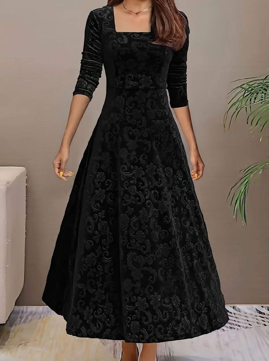 Sienna | Timeless Floral Embossed Velvet Dress A-Line Midi