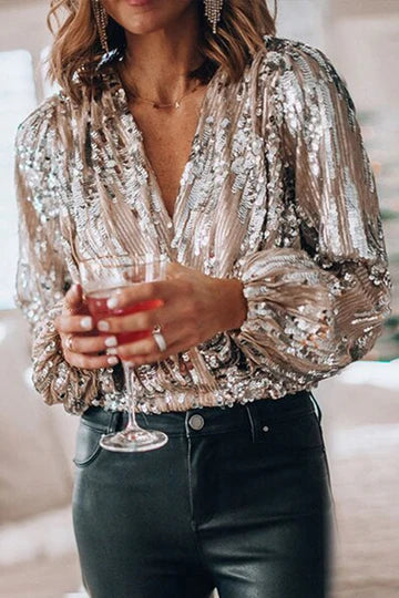 Sofia | Polished Sequin Wrap V Neck Party Top