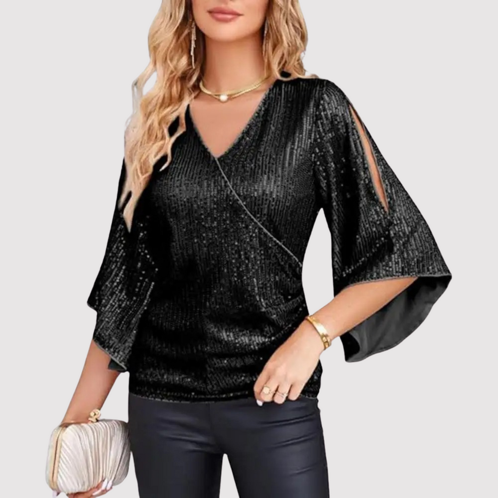 Sofia | Refined Sequin Wrap Party Top with Split Sleeves