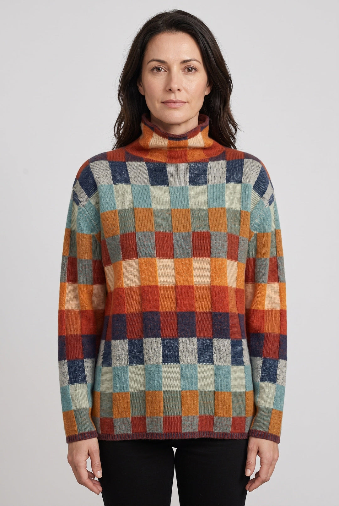 Sophia | Cosy Checked Roll Neck Womens Knit Jumper