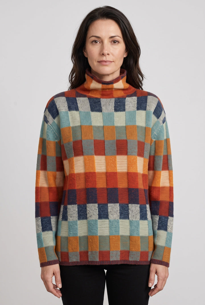 Sophia | Cosy Checked Roll Neck Womens Knit Jumper