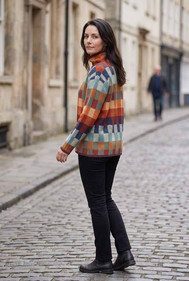 Sophia | Cosy Checked Roll Neck Womens Knit Jumper