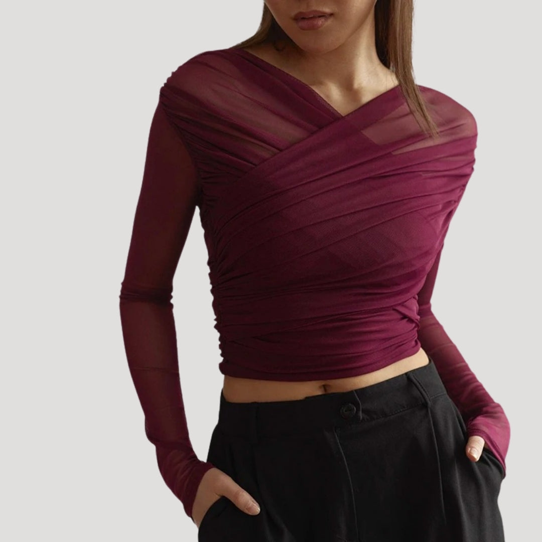 Sophia | Effortless Sheer Wrap Long-Sleeve Party Top