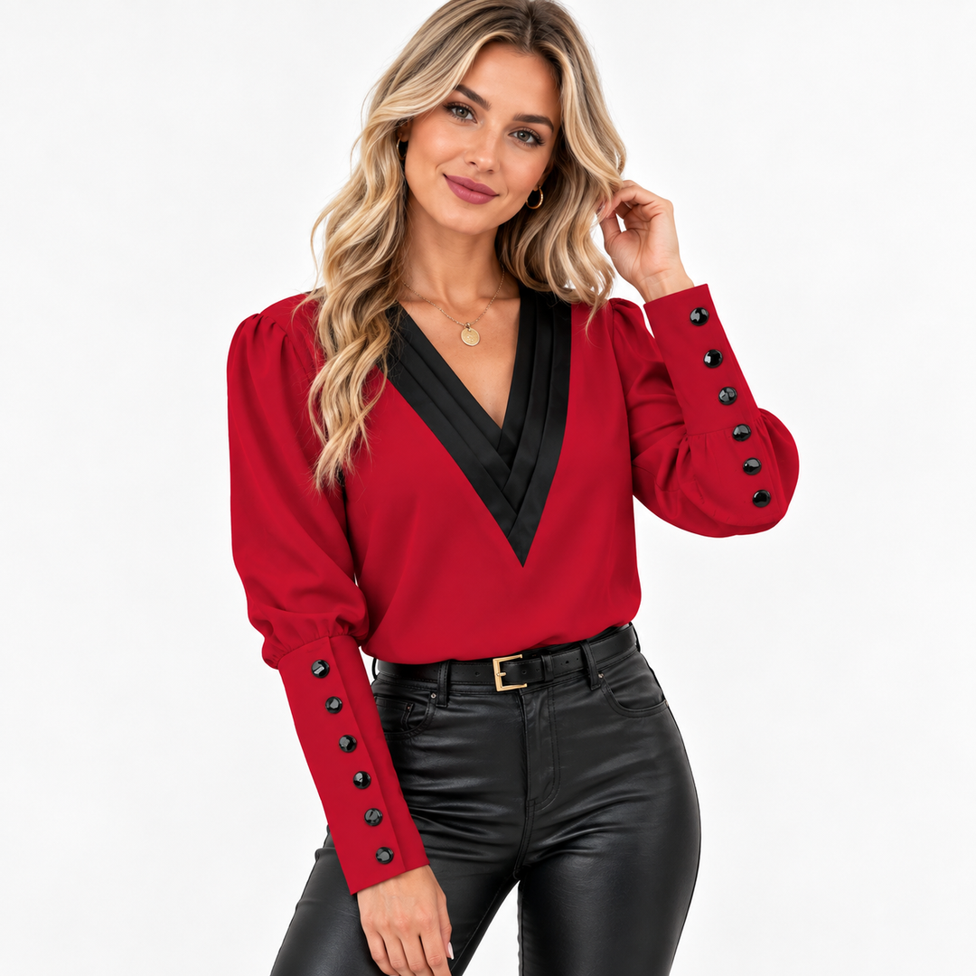 Sophie | Elegant Contrast V-Neck Party Top with Statement Sleeves