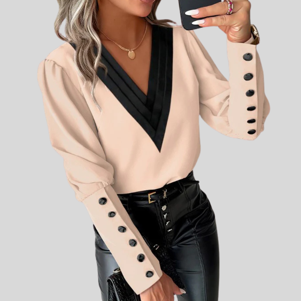 Sophie | Elegant Contrast V-Neck Party Top with Statement Sleeves
