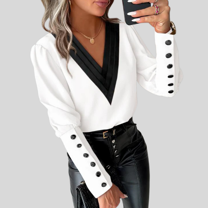 Sophie | Elegant Contrast V-Neck Party Top with Statement Sleeves