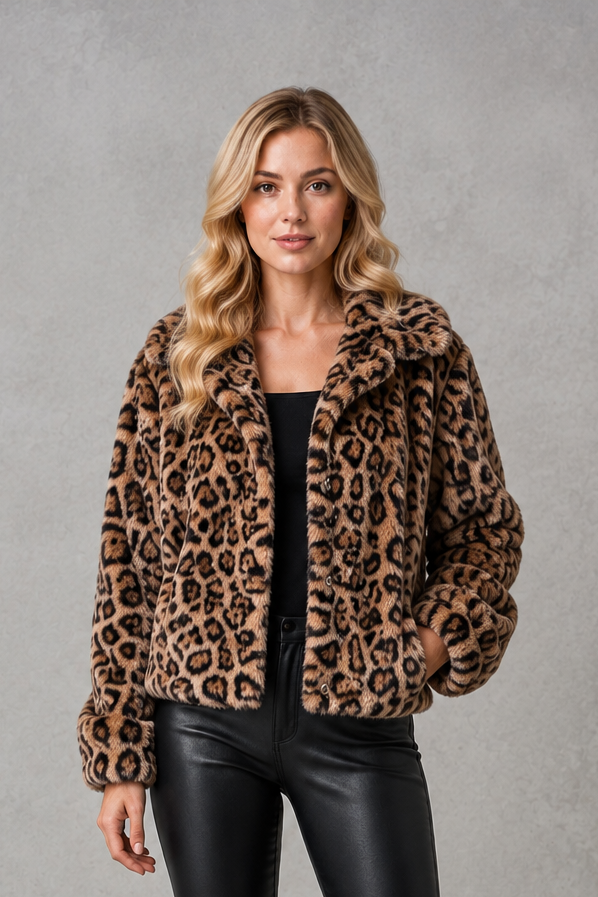 Violet | Stylish Leopard Print Faux Fur Cropped Coat