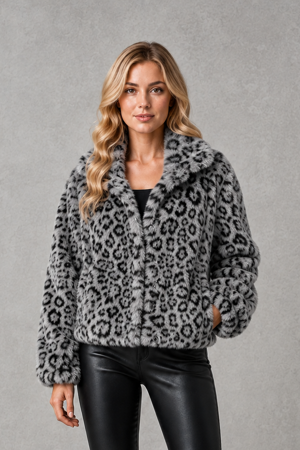 Violet | Stylish Leopard Print Faux Fur Cropped Coat