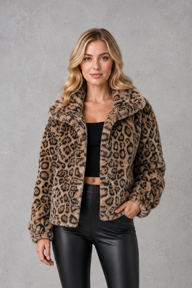 Violet | Stylish Leopard Print Faux Fur Cropped Coat